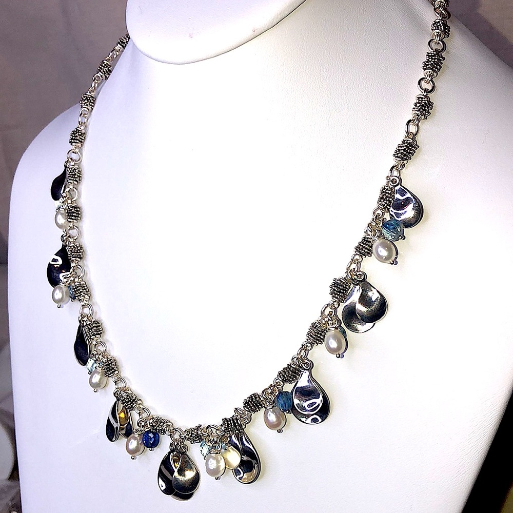 MICHAEL DAWKINS Starry Night Blue Topaz Cultured Pearl Sterling Silver Necklace - Picture 16 of 17